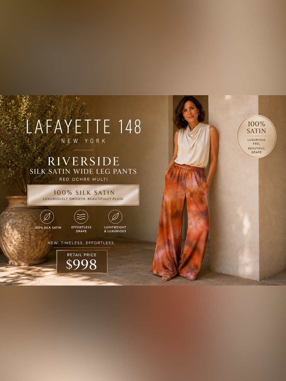 Lafayette 148  Riverside Silk
Satin Wide Leg Pants Red Ochre Multi Size M NWT